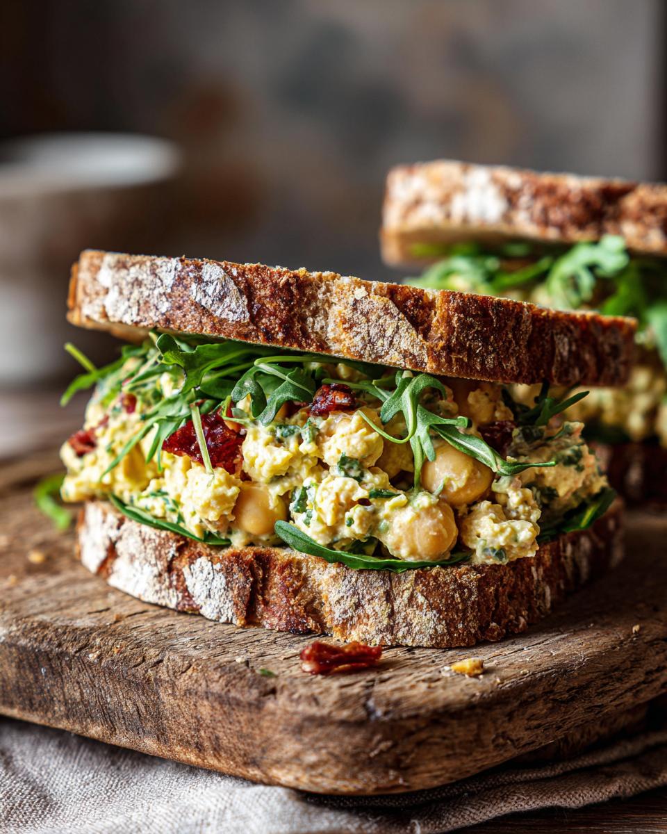 Two Chickpea Salad Sandwiches on rustic bread with arugula, served on a wooden board.