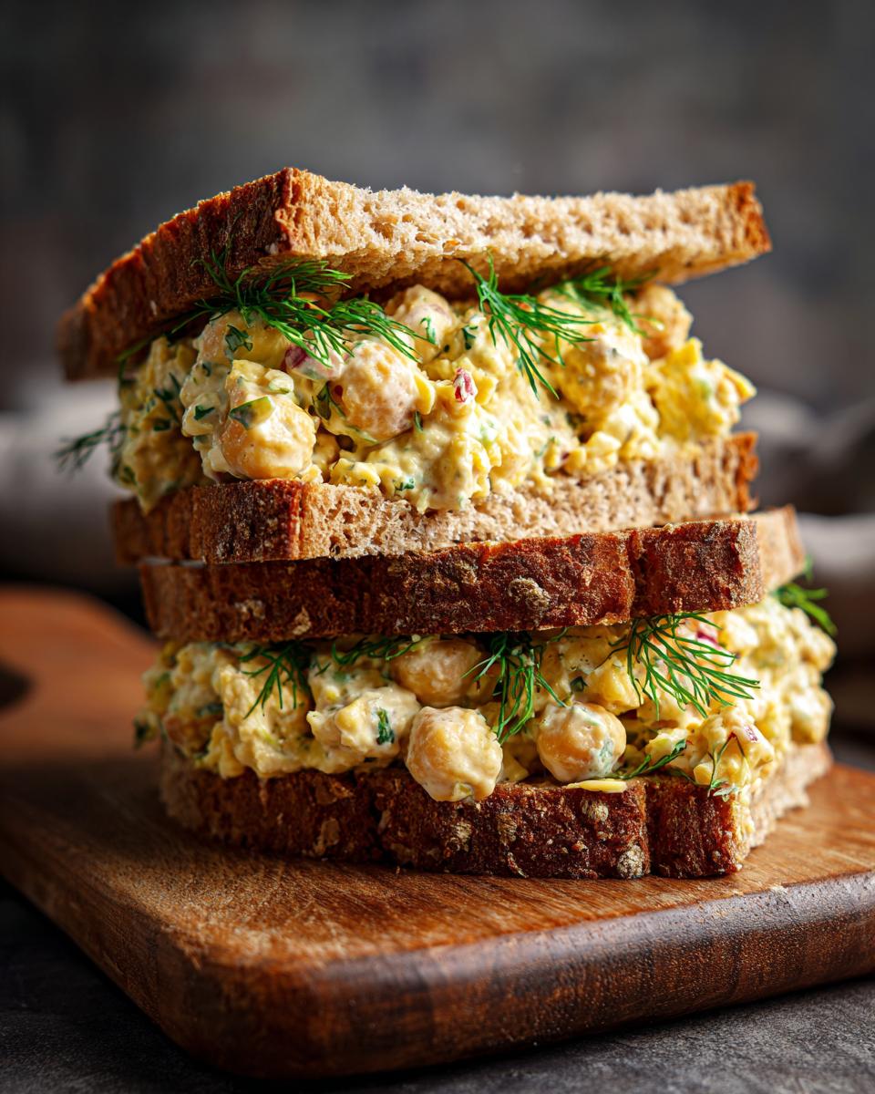 Tower of chickpea salad sandwiches with dill on whole wheat bread, stacked on a wooden board.