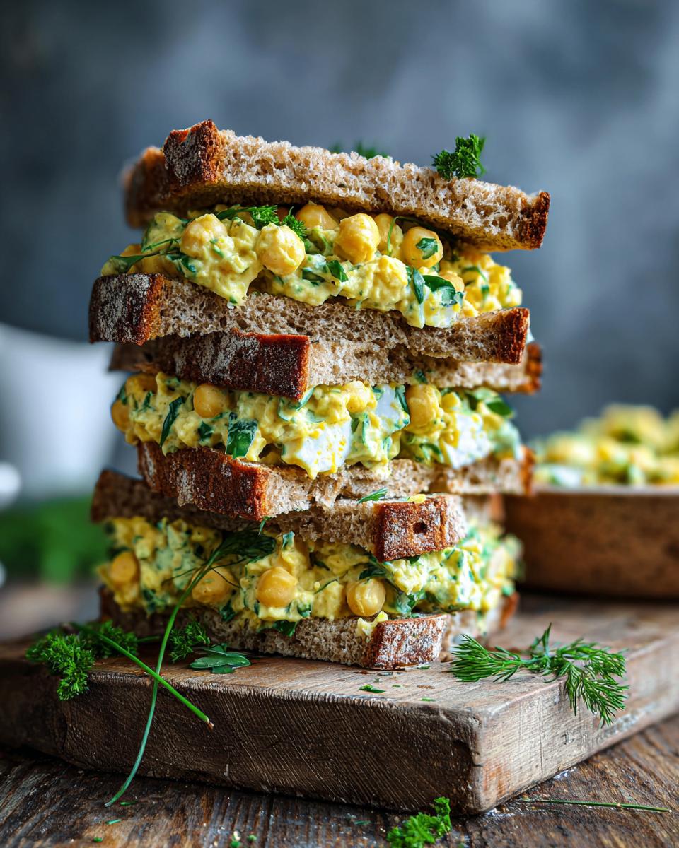 Tower of chickpea salad sandwiches on whole wheat bread, stacked on a wooden board with fresh herbs.