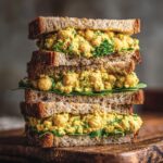 Tower of chickpea salad sandwiches on whole wheat bread with fresh greens, stacked on a wooden board.