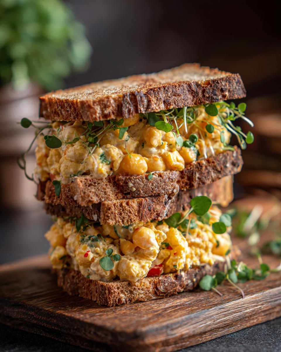 Tower of chickpea salad sandwiches on whole wheat bread, garnished with sprouts on a wooden board.