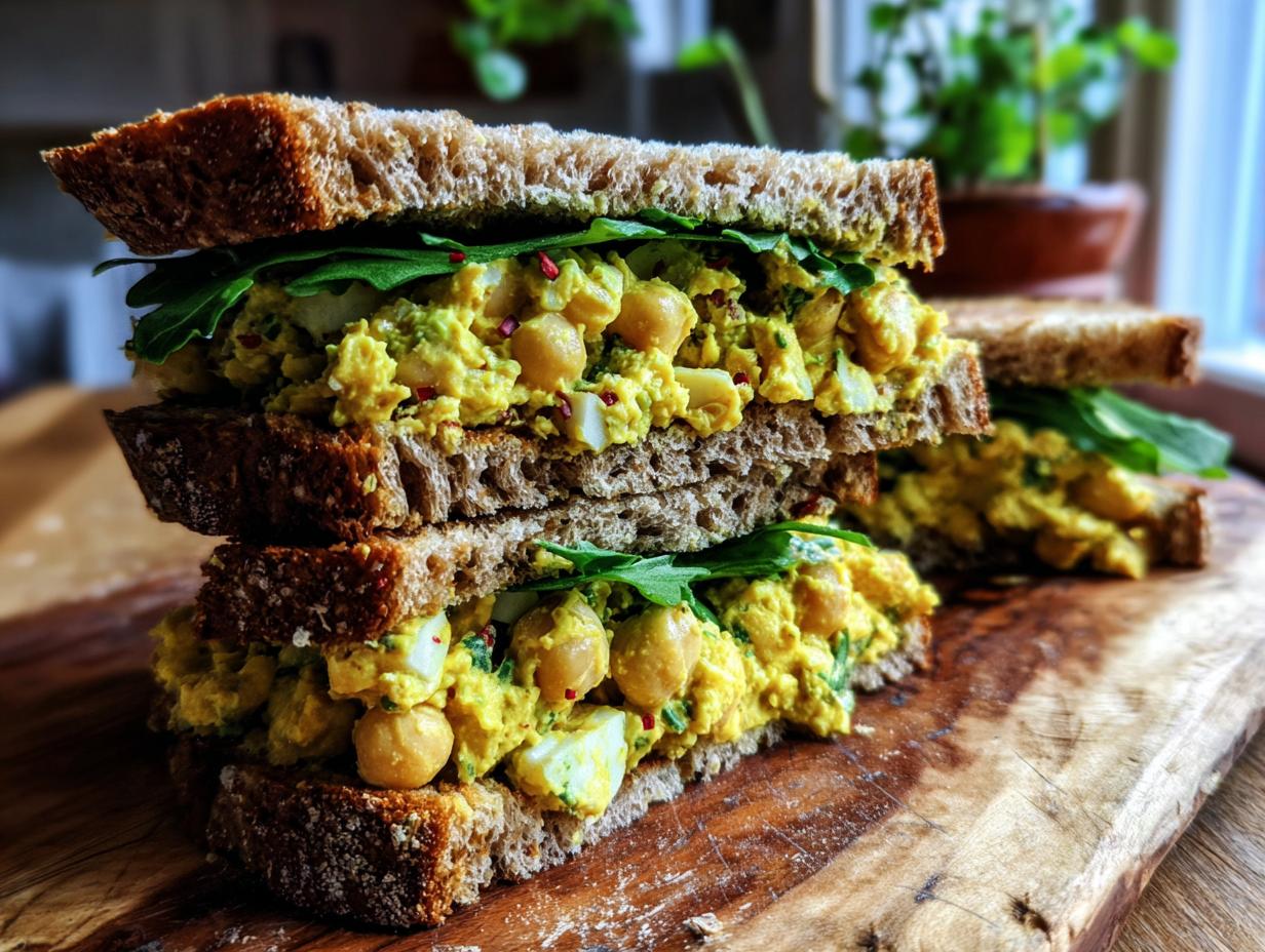 Two chickpea salad sandwiches stacked on a wooden board, featuring whole wheat bread and fresh greens. Delicious chickpea salad sandwiches.