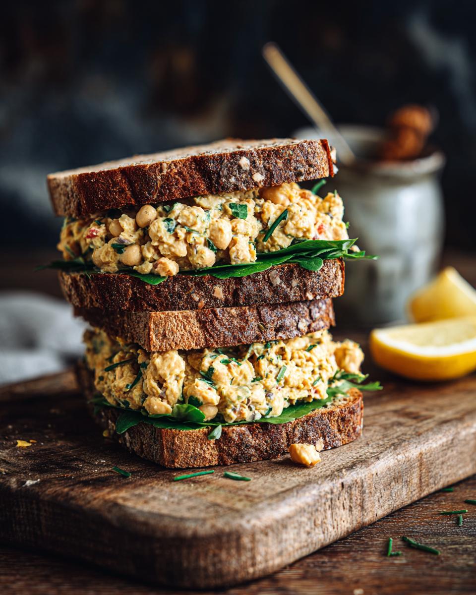 Tower of chickpea salad sandwiches on dark bread with spinach, served on a wooden board with lemon.