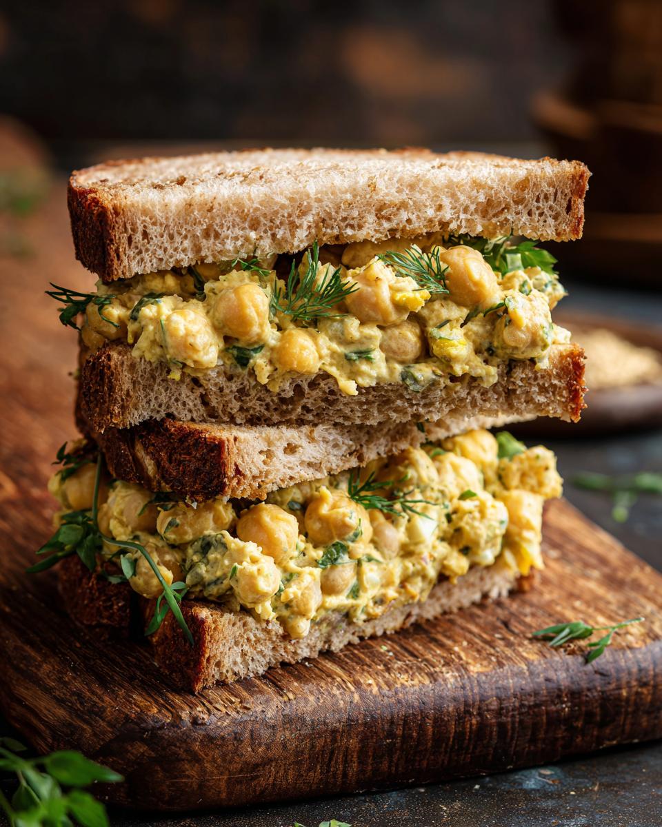 Two chickpea salad sandwiches stacked on a wooden board, featuring a creamy chickpea filling and whole wheat bread.