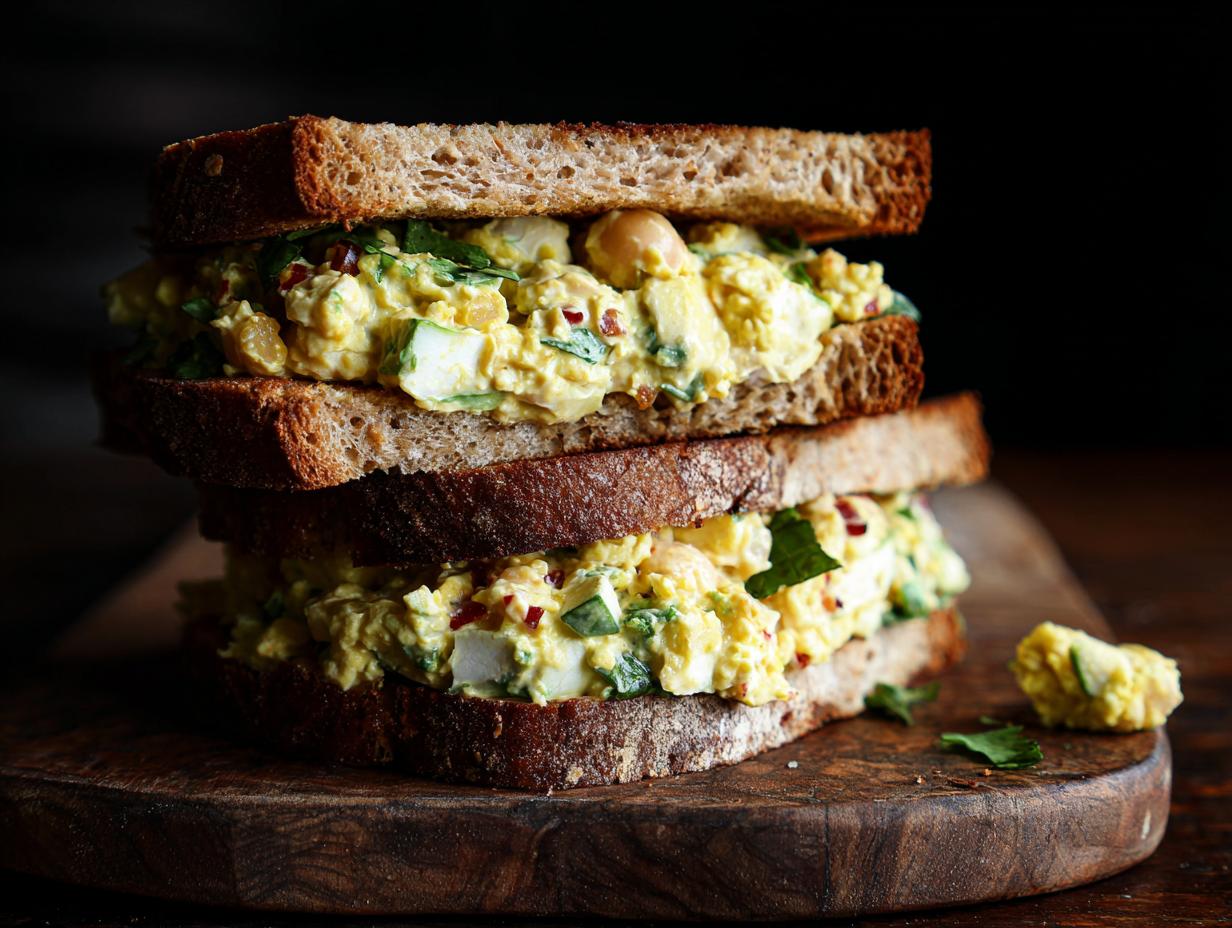 Two chickpea salad sandwiches stacked on a wooden board, showcasing the creamy filling and whole wheat bread.
