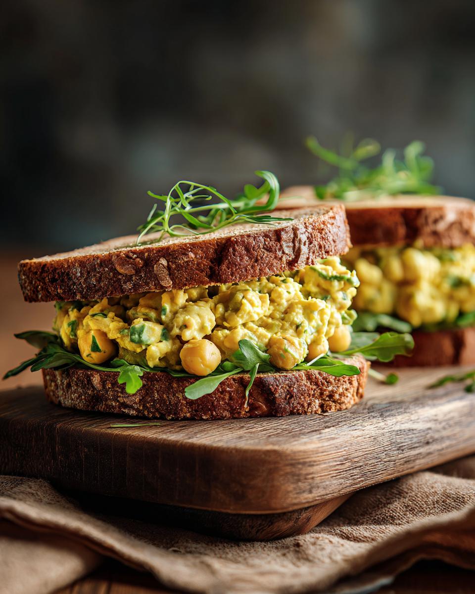 Two chickpea salad sandwiches on dark bread with greens, sitting on a wooden board. Chickpea Salad Sandwiches recipe.