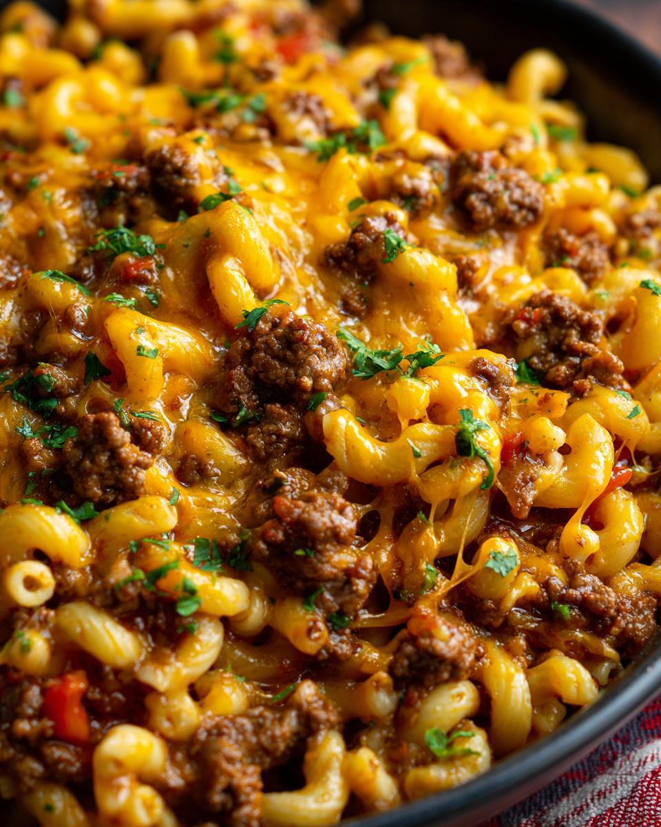 Close-up of Chili Mac Quick Weeknight Dinner with elbow macaroni, chili, cheese, and parsley.