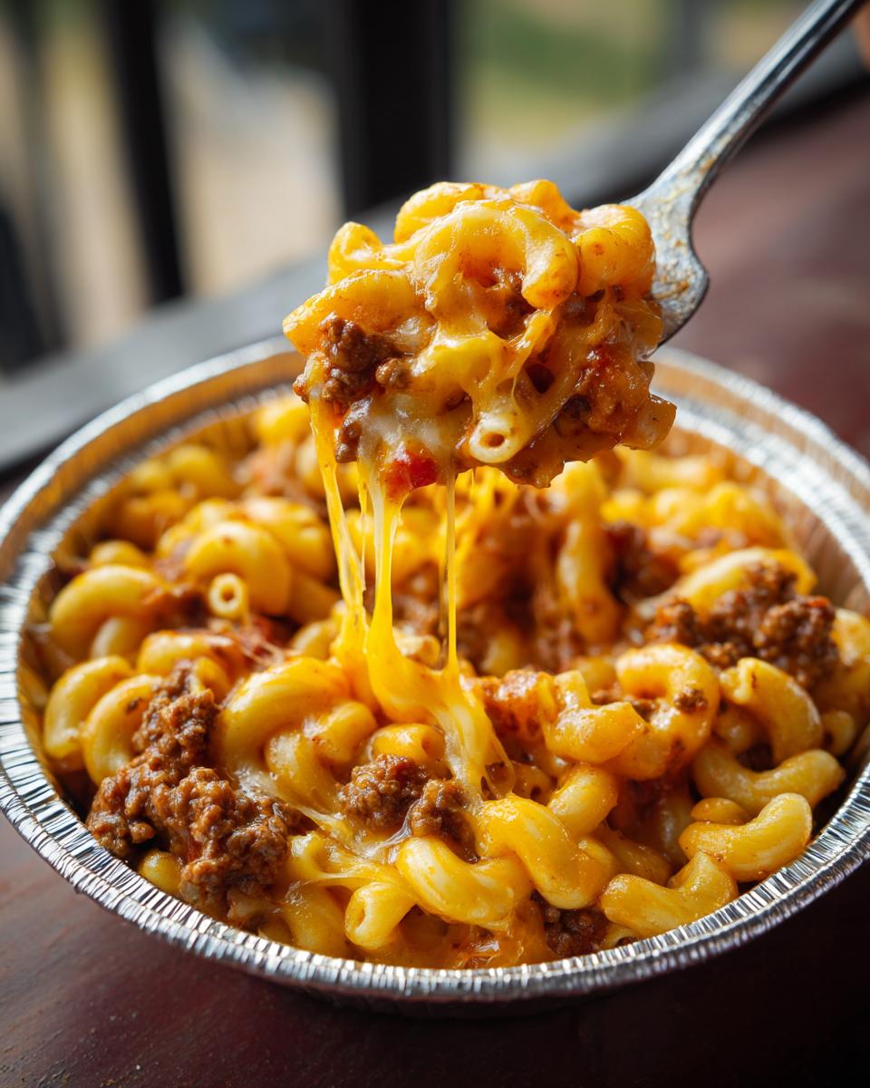 A fork lifts a bite of cheesy Chili Mac Quick Weeknight Dinner from a foil container.
