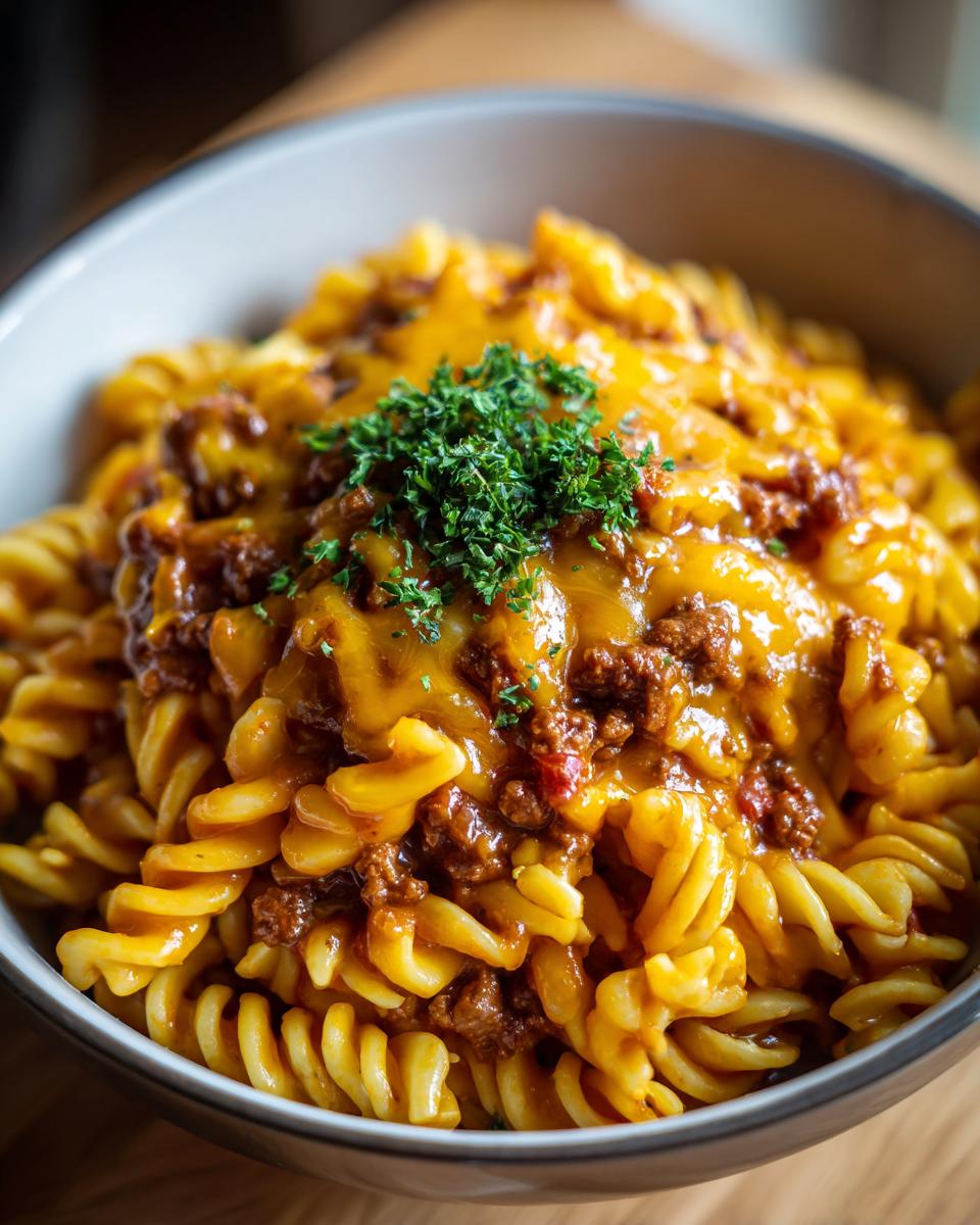 A bowl of Chili Mac Quick Weeknight Dinner, topped with melted cheese and fresh parsley.