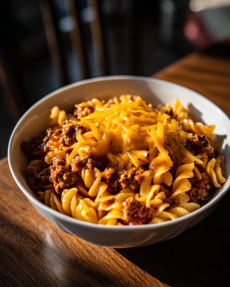 A bowl of Chili Mac Quick Weeknight Dinner, topped with shredded cheese, served on a wooden table.