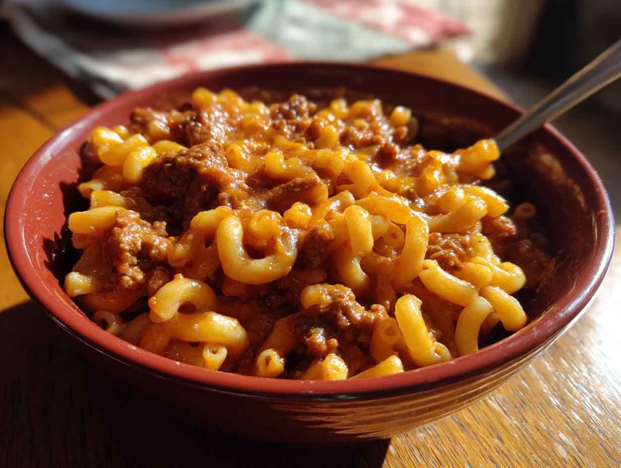 A bowl of Chili Mac Quick Weeknight Dinner, featuring macaroni pasta and chili with meat.