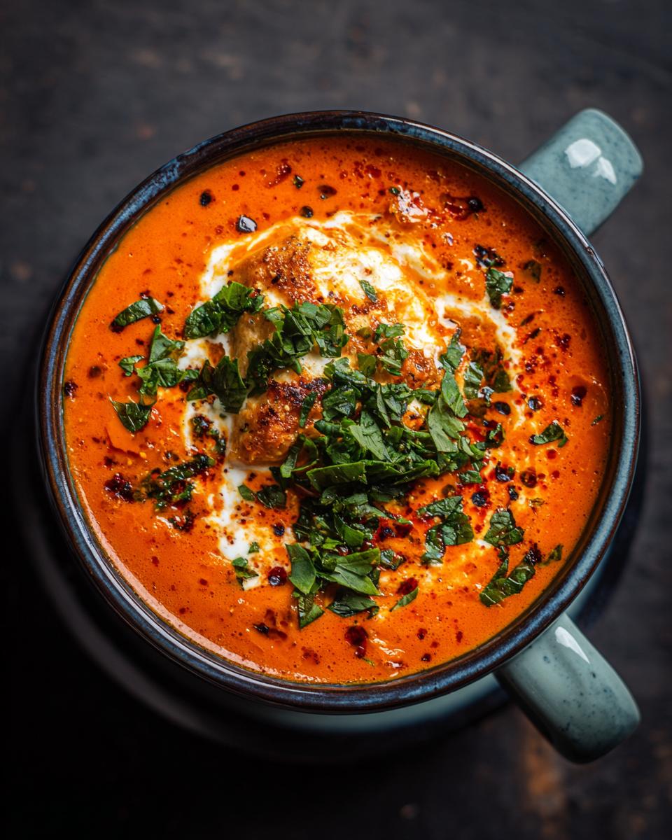 Overhead view of Chilled Creamy Tomato Basil Soup in a blue bowl, garnished with cream and fresh basil.