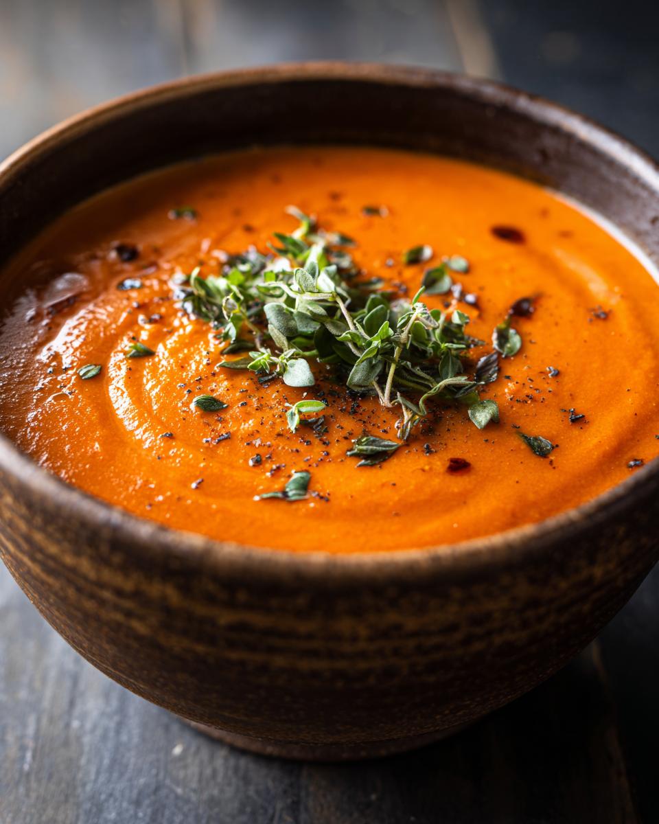 A bowl of Chilled Creamy Tomato Basil Soup, garnished with fresh herbs and black pepper.