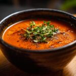 A bowl of Chilled Creamy Tomato Basil Soup, garnished with fresh herbs and seasonings.