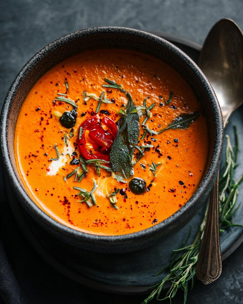 Overhead shot of a bowl of Chilled Creamy Tomato Basil Soup, garnished with herbs, tomato and a swirl of cream.
