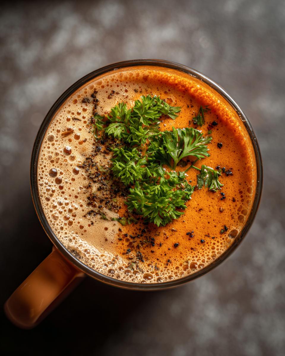 Overhead view of Chilled Creamy Tomato Basil Soup in a mug, garnished with fresh parsley and pepper.