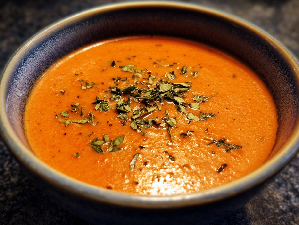 A bowl of vibrant, orange Chilled Creamy Tomato Basil Soup, garnished with fresh basil leaves.