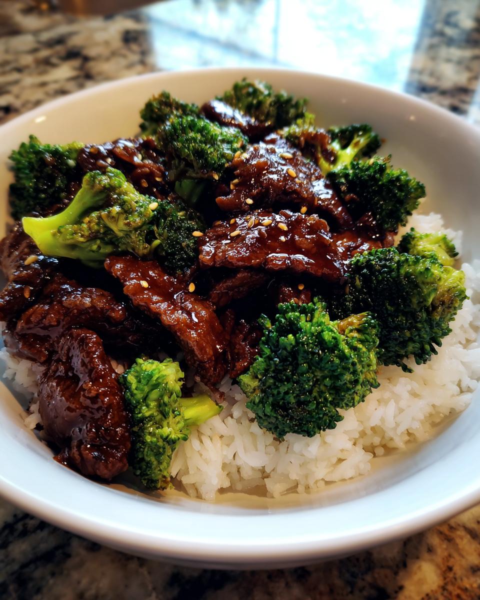 A bowl of Chinese Beef Broccoli served over white rice, garnished with sesame seeds.