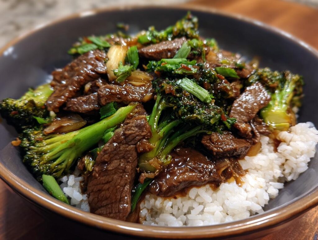 A bowl of Chinese Beef Broccoli served over white rice, garnished with green onions.