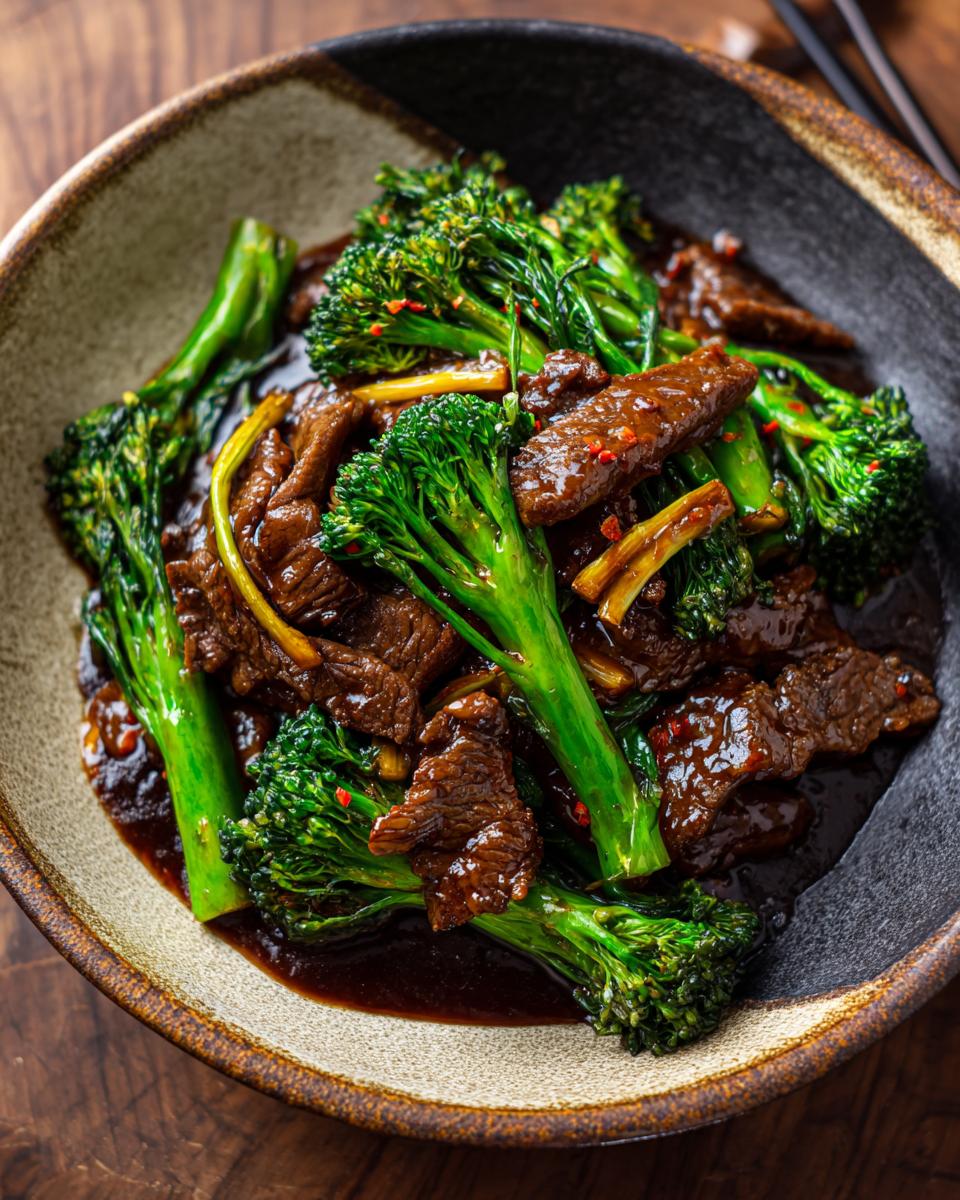 Close-up of Chinese Beef Broccoli in a bowl, featuring tender beef, vibrant broccoli, and a rich sauce.