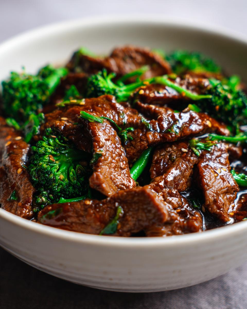 Close-up of Chinese Beef Broccoli in a bowl, featuring tender beef and vibrant green broccoli.