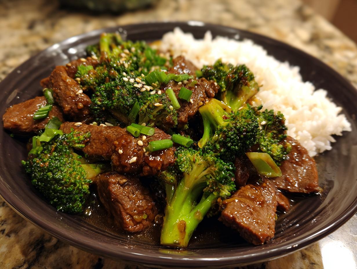 A plate of Chinese Beef Broccoli with rice, garnished with sesame seeds and green onions.