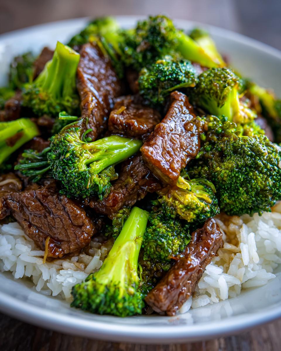 Close-up of Chinese Beef Broccoli served over white rice in a bowl.