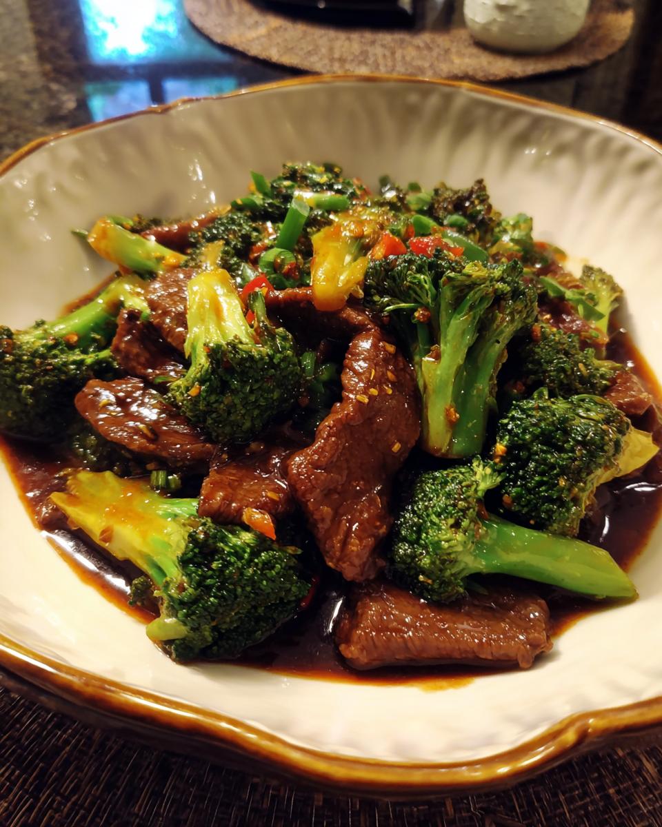 Close-up of Chinese Beef Broccoli stir-fry in a bowl, featuring tender beef and vibrant green broccoli.