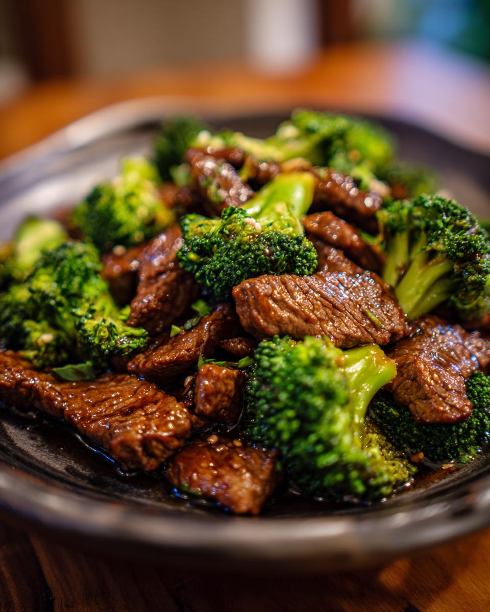 Close-up of Chinese Beef Broccoli stir-fry on a plate, featuring tender beef and vibrant green broccoli.