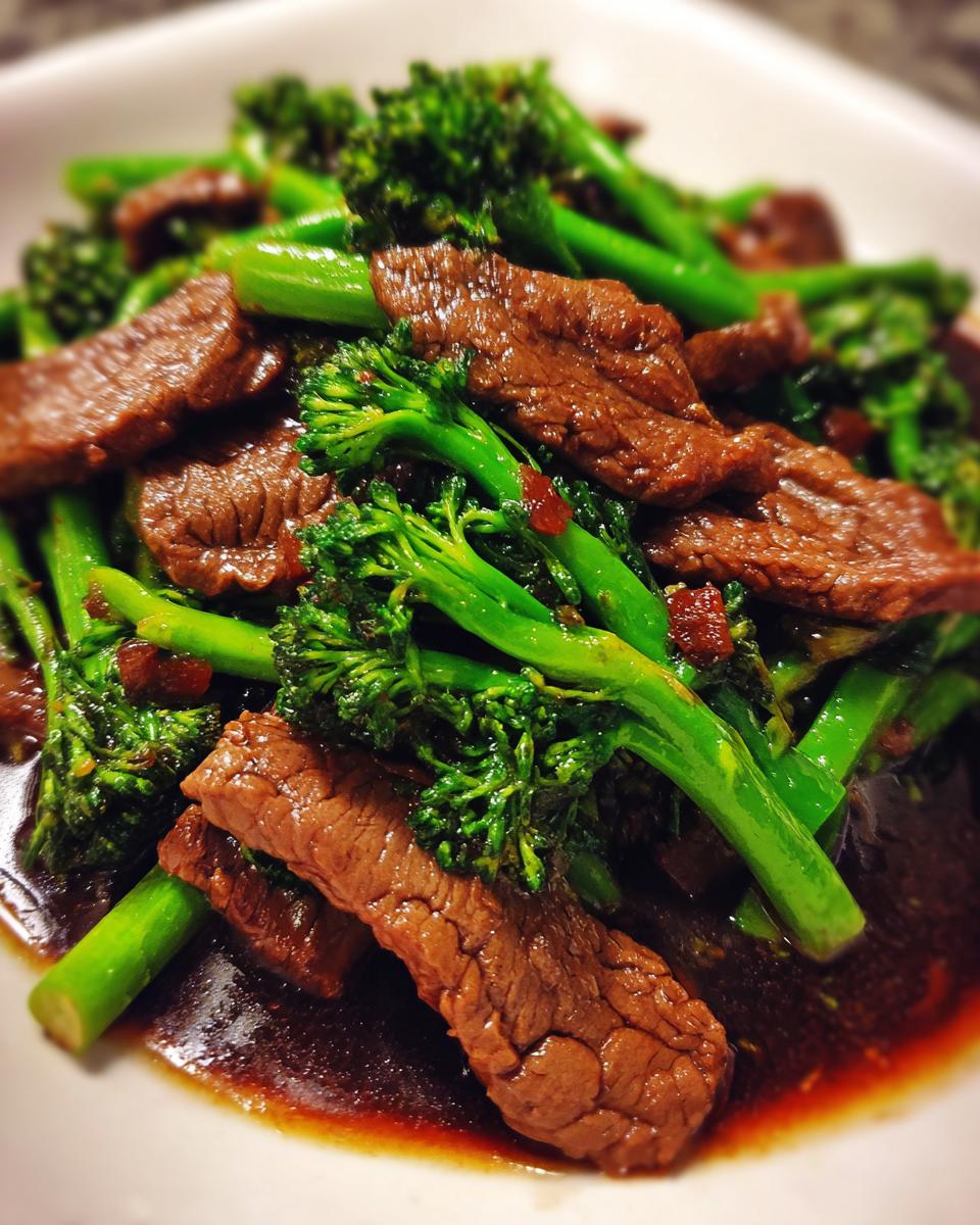Close-up of Chinese Beef Broccoli stir-fry with tender beef slices and vibrant green broccoli in a savory sauce.