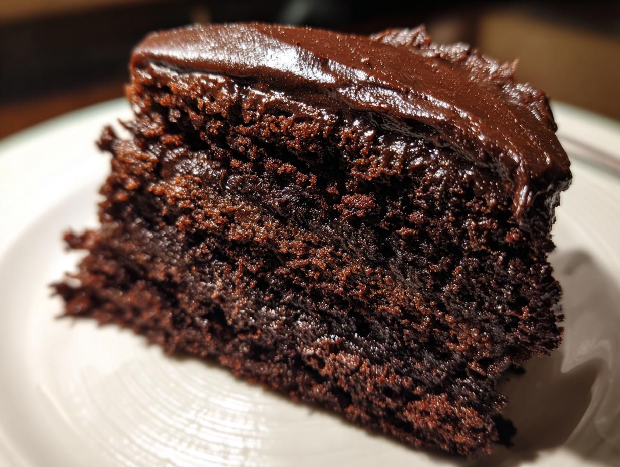 A decadent slice of The Chocolate Cake with rich chocolate frosting on a white plate.