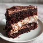A delicious slice of The Chocolate Cake with chocolate frosting and a white creamy layer.