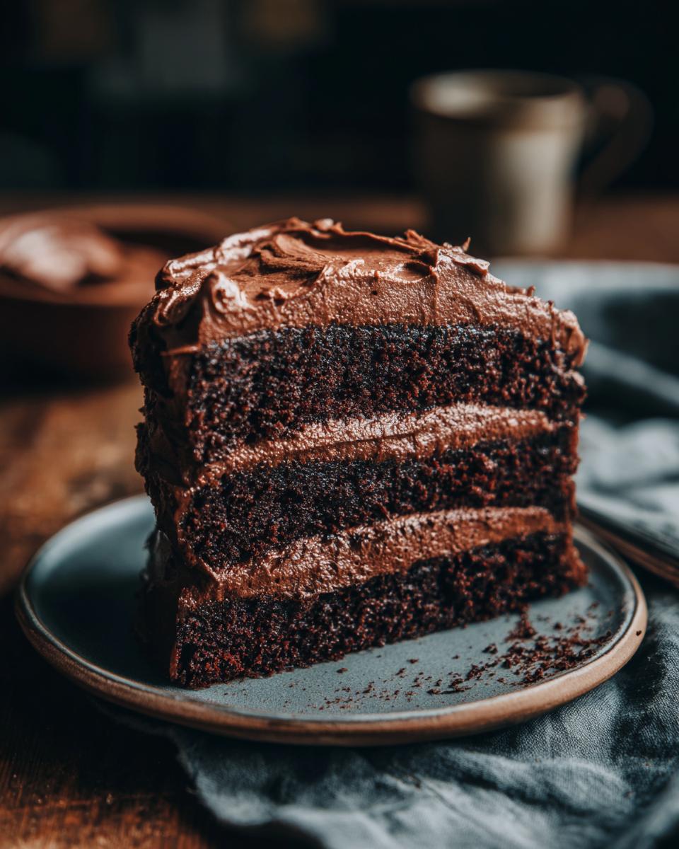 A decadent slice of The Chocolate Cake with rich frosting on a plate.