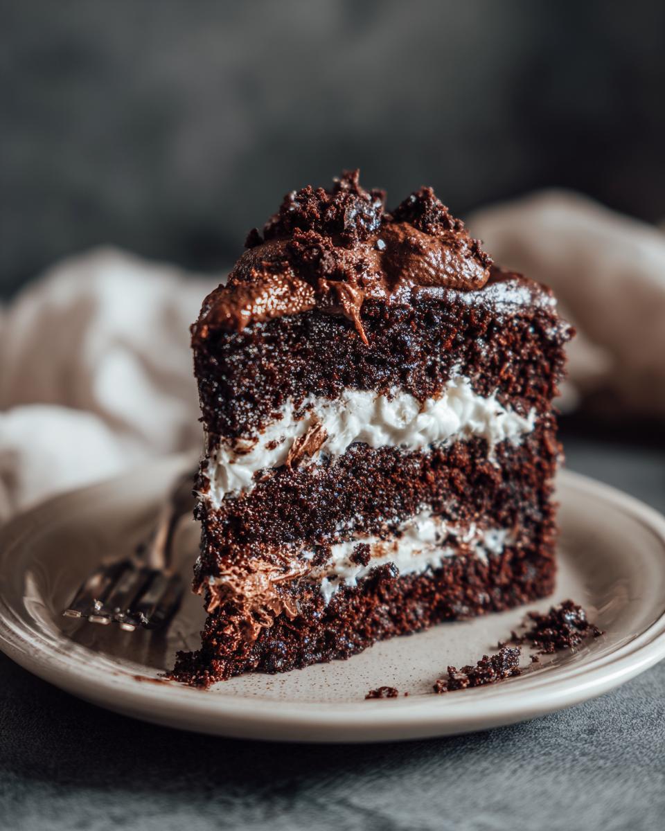 A decadent slice of The Chocolate Cake with layers of chocolate cake and white frosting on a plate.
