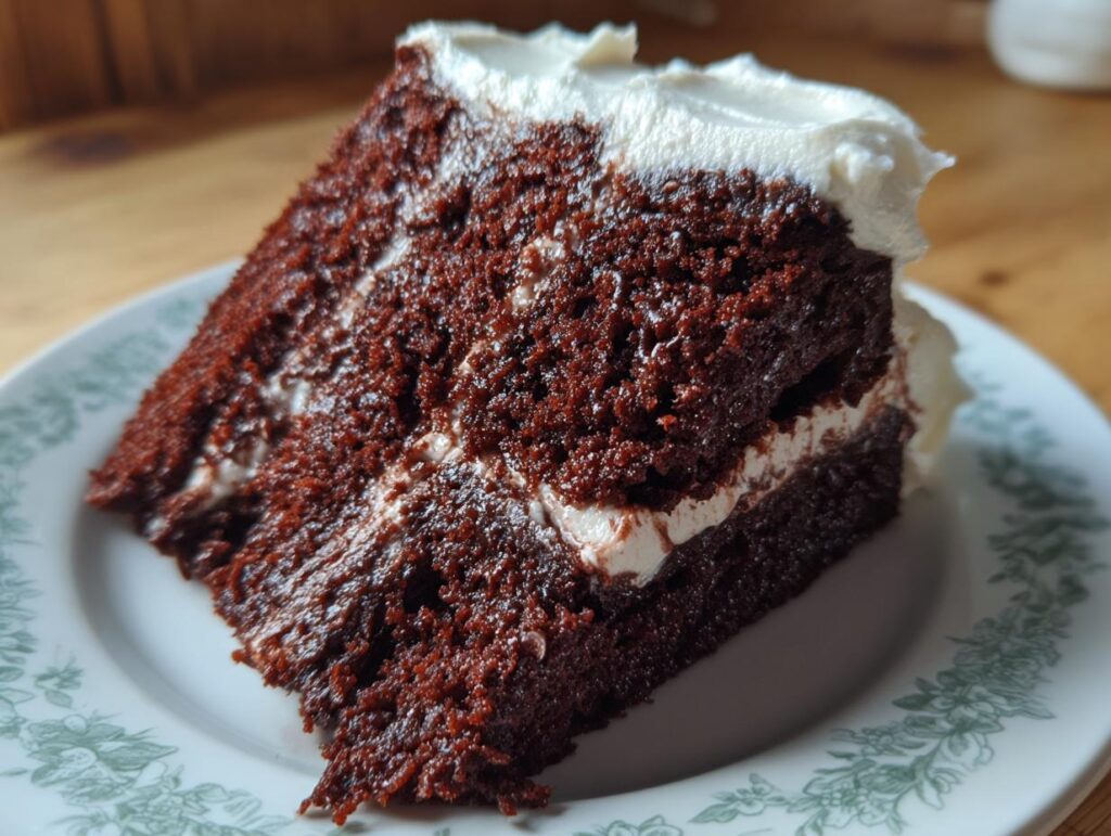 A slice of The Chocolate Cake with white frosting, displayed on a decorative plate.