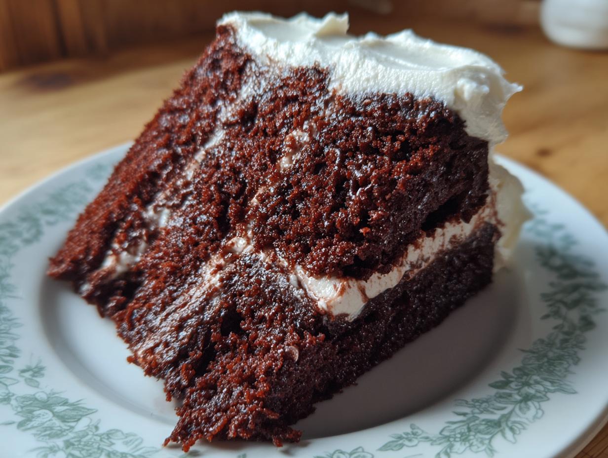 A slice of The Chocolate Cake with white frosting, displayed on a decorative plate.