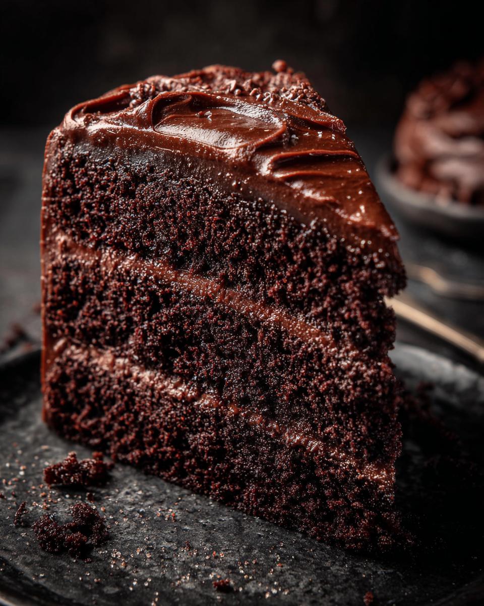 A decadent slice of The Chocolate Cake with rich frosting, showcasing its moist layers and tempting texture.
