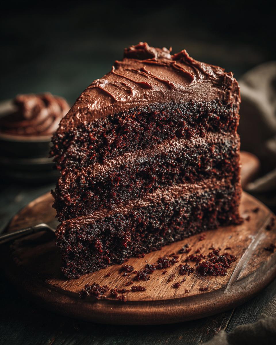 A decadent slice of The Chocolate Cake with rich frosting, served on a wooden board.
