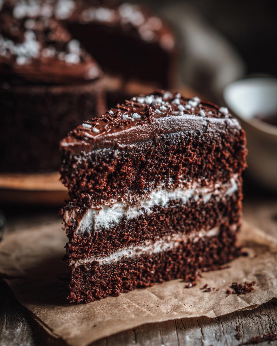 A decadent slice of The Chocolate Cake with layers of chocolate cake and white frosting, topped with chocolate ganache and sprinkles.