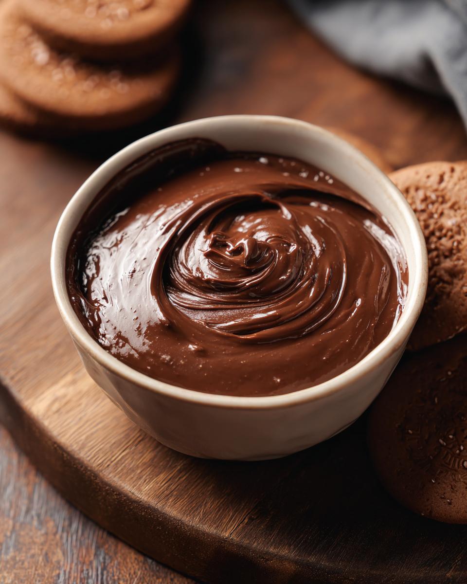 A bowl of Velvety 5-Minute Chocolate Cream Cheese Dip, served with cookies on a wooden board.