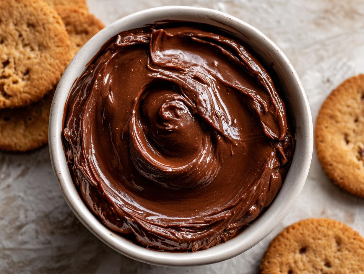 Overhead shot of a bowl filled with Velvety 5-Minute Chocolate Cream Cheese Dip, surrounded by cookies.