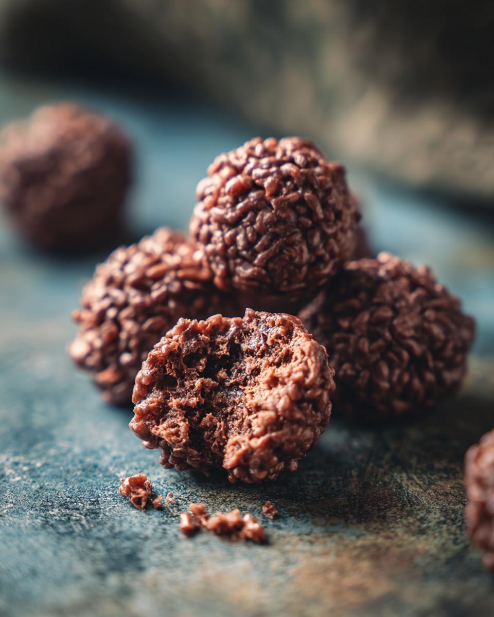 Close-up of 15-Min No Bake Chocolate Rice Krispie Balls, one with a bite taken out, revealing the texture.
