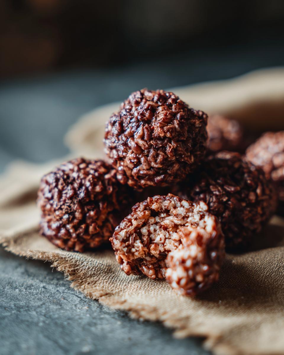 A stack of 15-Min No Bake Chocolate Rice Krispie Balls, one with a bite taken out, on a rustic cloth.