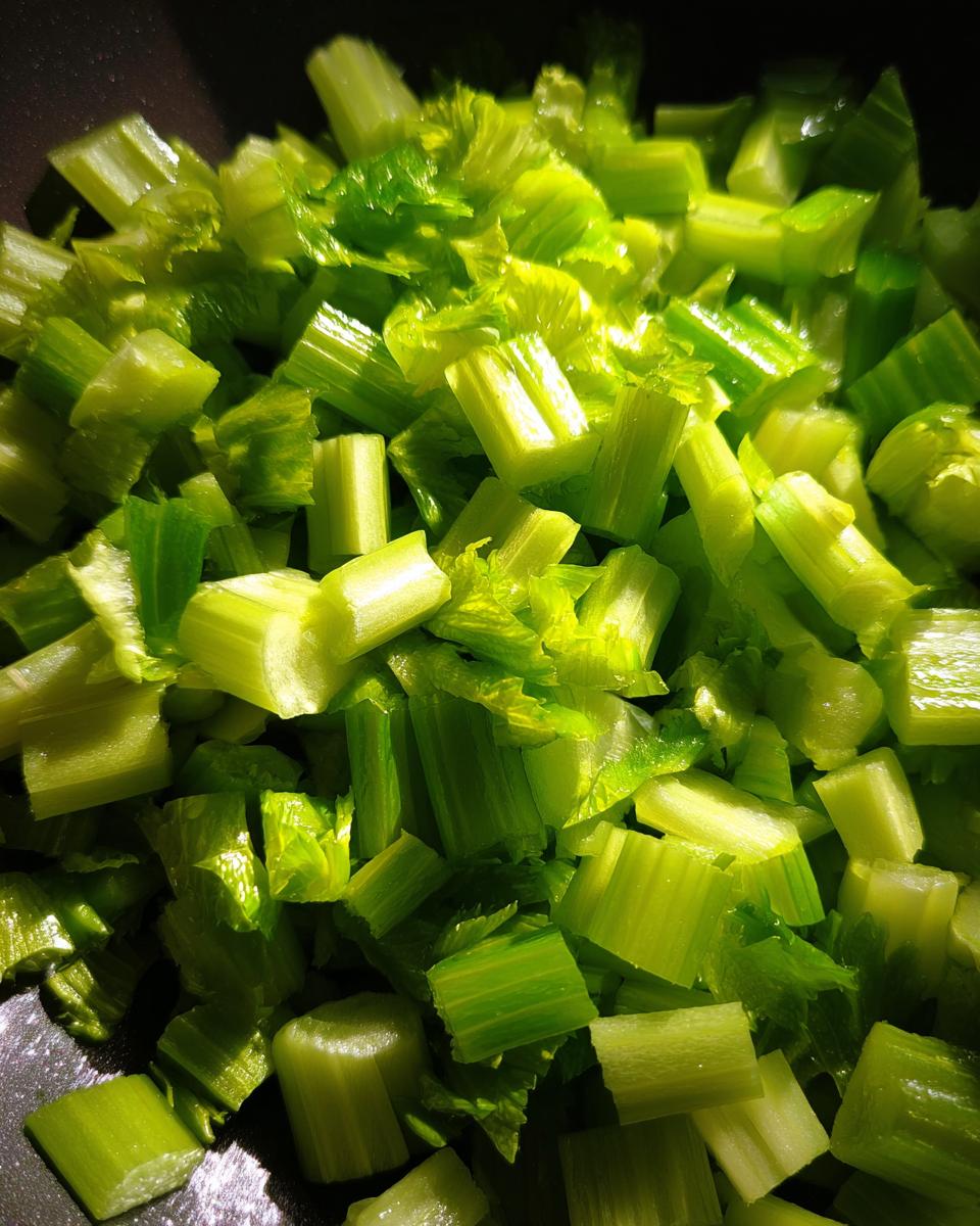 Close-up of freshly chopped celery, an ingredient for 15-Minute Crisp Celery Salad.