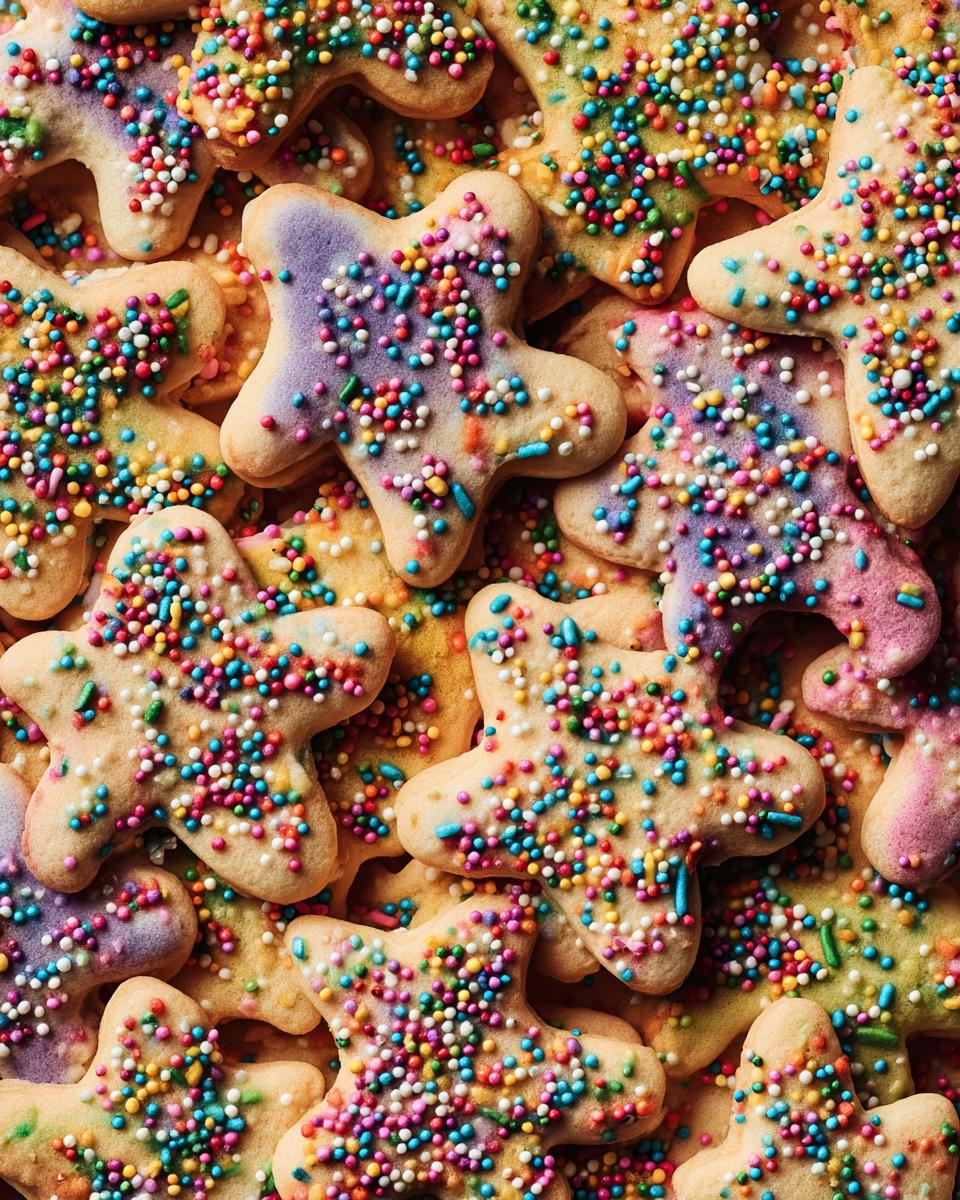 Close-up of Soft & Chewy No-Chill Christmas Sprinkle Sugar Cookies in star shapes, covered in colorful sprinkles.