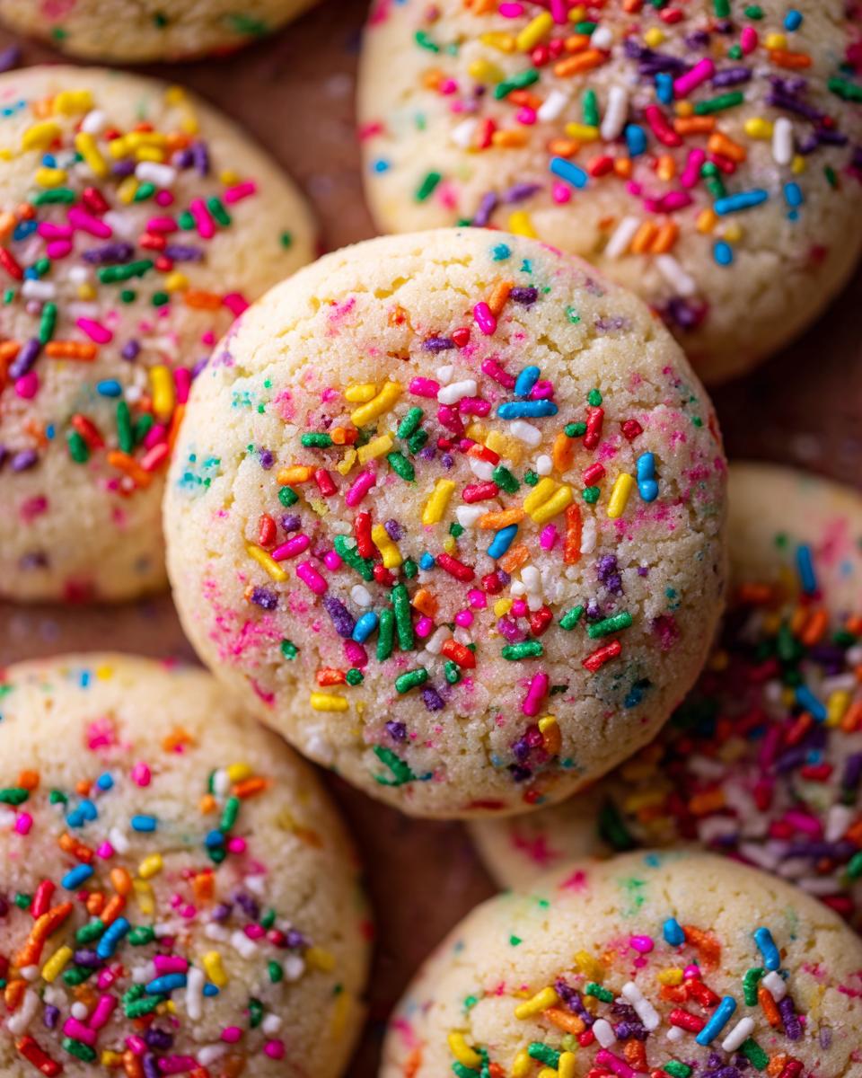 Close-up of Soft & Chewy No-Chill Christmas Sprinkle Sugar Cookies with colorful sprinkles on top.