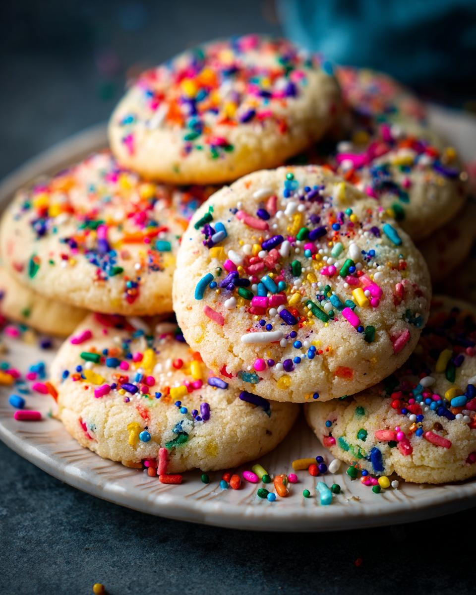 A stack of Soft & Chewy No-Chill Christmas Sprinkle Sugar Cookies on a plate, covered in colorful sprinkles.