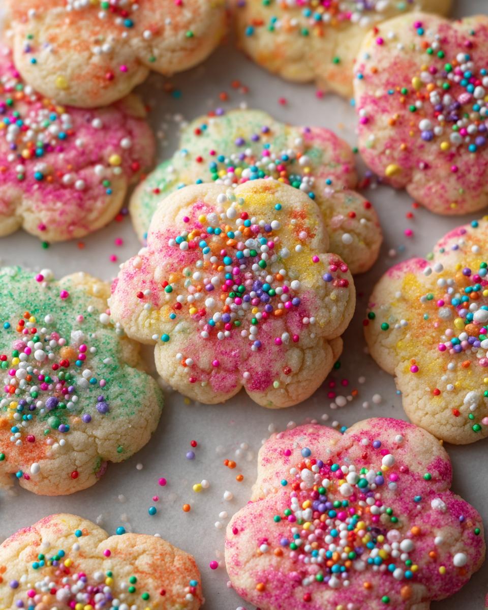 Close-up of festive, colorful Soft & Chewy No-Chill Christmas Sprinkle Sugar Cookies in flower shapes.
