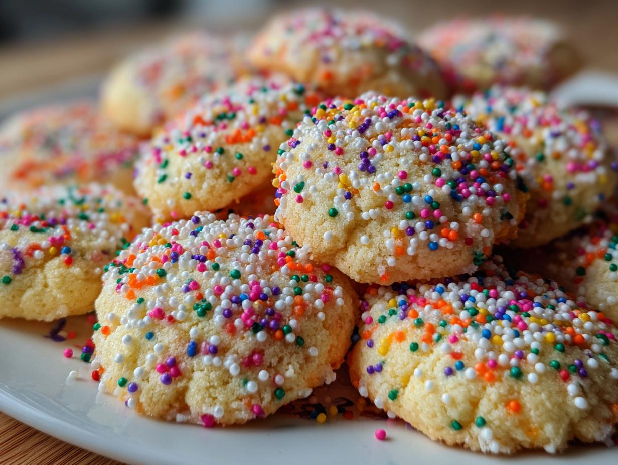 Pile of Soft & Chewy No-Chill Christmas Sprinkle Sugar Cookies on a white plate, close-up.