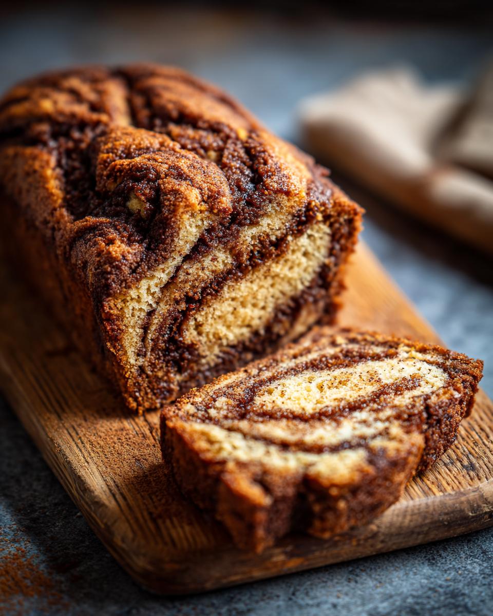 A loaf of Super Moist Cinnamon Apple Bread with a slice cut, showcasing the cinnamon swirl.